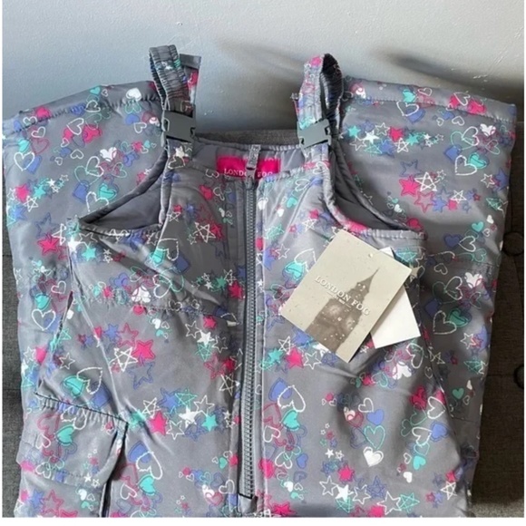NWT London Fog Girl Classic Quilted Snow Cargo Bib Ski Snowsuit Gray Floral 4 - Picture 1 of 6